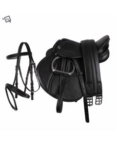 QHP Sattel mit Zubehör und Trensenzaum für Holzpferd Shetty Pony schwarz