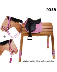 L-Sport Komplettset Sattel large mit Trensenzaum, Halfter und Bandagen für Holzpferd|LANCADE Reitsport-rosa