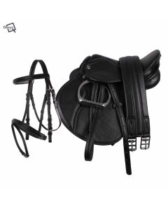 QHP Sattel mit Zubehör und Trensenzaum für Holzpferd Shetty Pony schwarz|LANCADE Reitsport