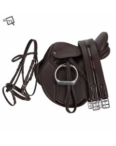 QHP Sattel mit Zubehör und Trensenzaum für Holzpferd Shetty Pony